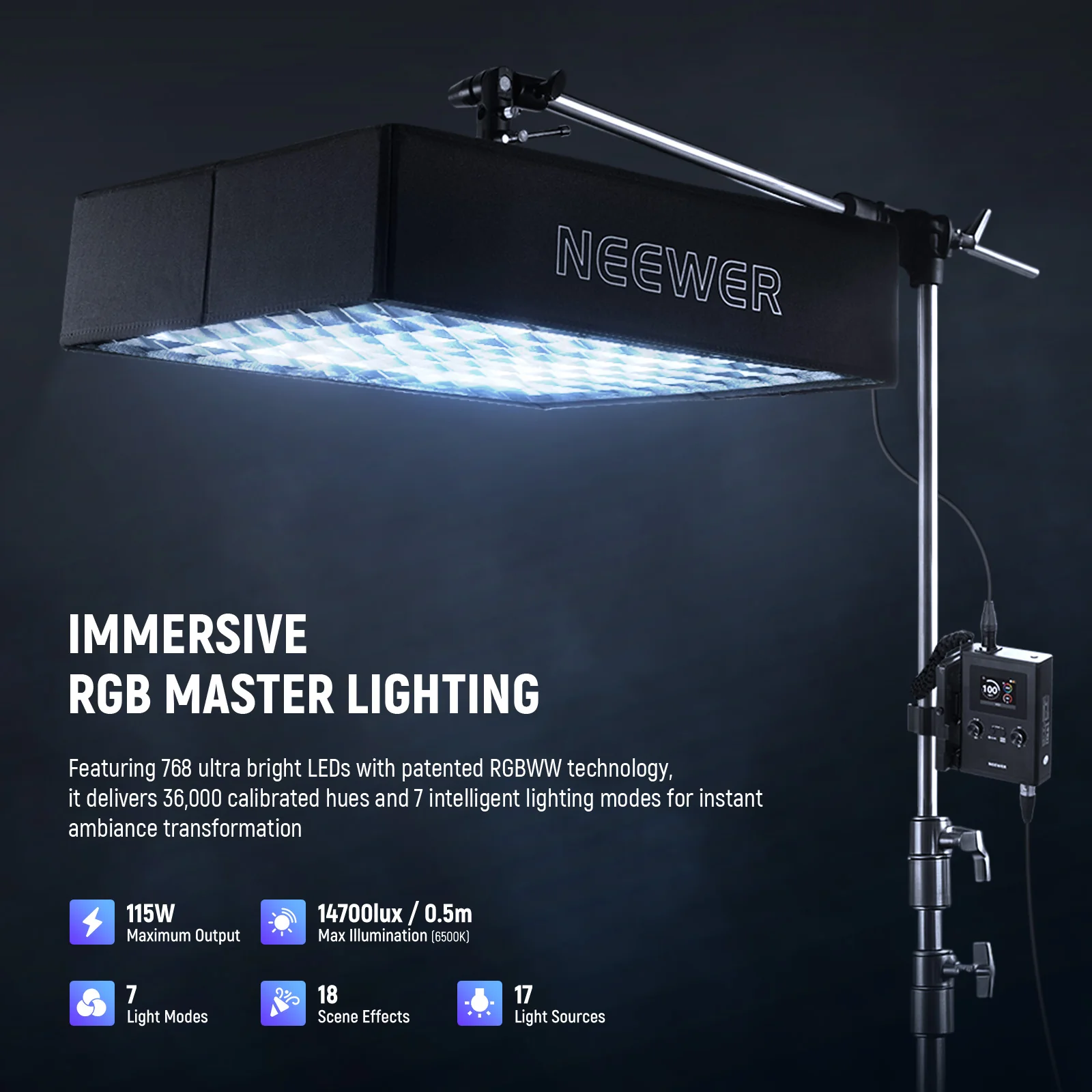 NEEWER FL100C 115W Flexible DMX Control LED RGB Video Light Kit - Image 2